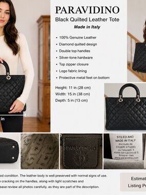 Paravidino black quilted genuine leather tote bag made in Italy
